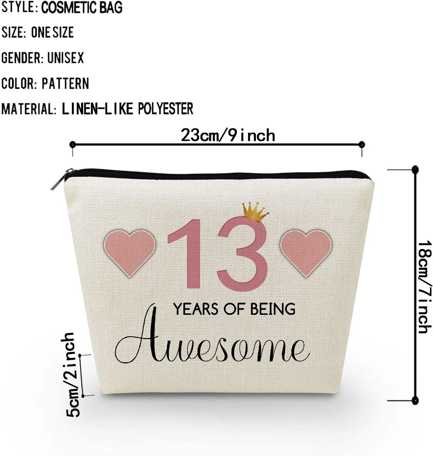 13th Birthday Gift Makeup Bag Cute Small Cosmetic Bag Travel Toiletry Zipper Pouch Happy Birthday Gift Pink 13 Awesome Makeup Bag for 13-Year-Old Friends Sisters BFF