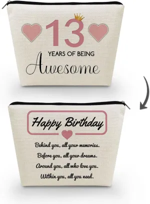 13th Birthday Gift Makeup Bag Cute Small Cosmetic Bag Travel Toiletry Zipper Pouch Happy Birthday Gift Pink 13 Awesome Makeup Bag for 13-Year-Old Friends Sisters BFF