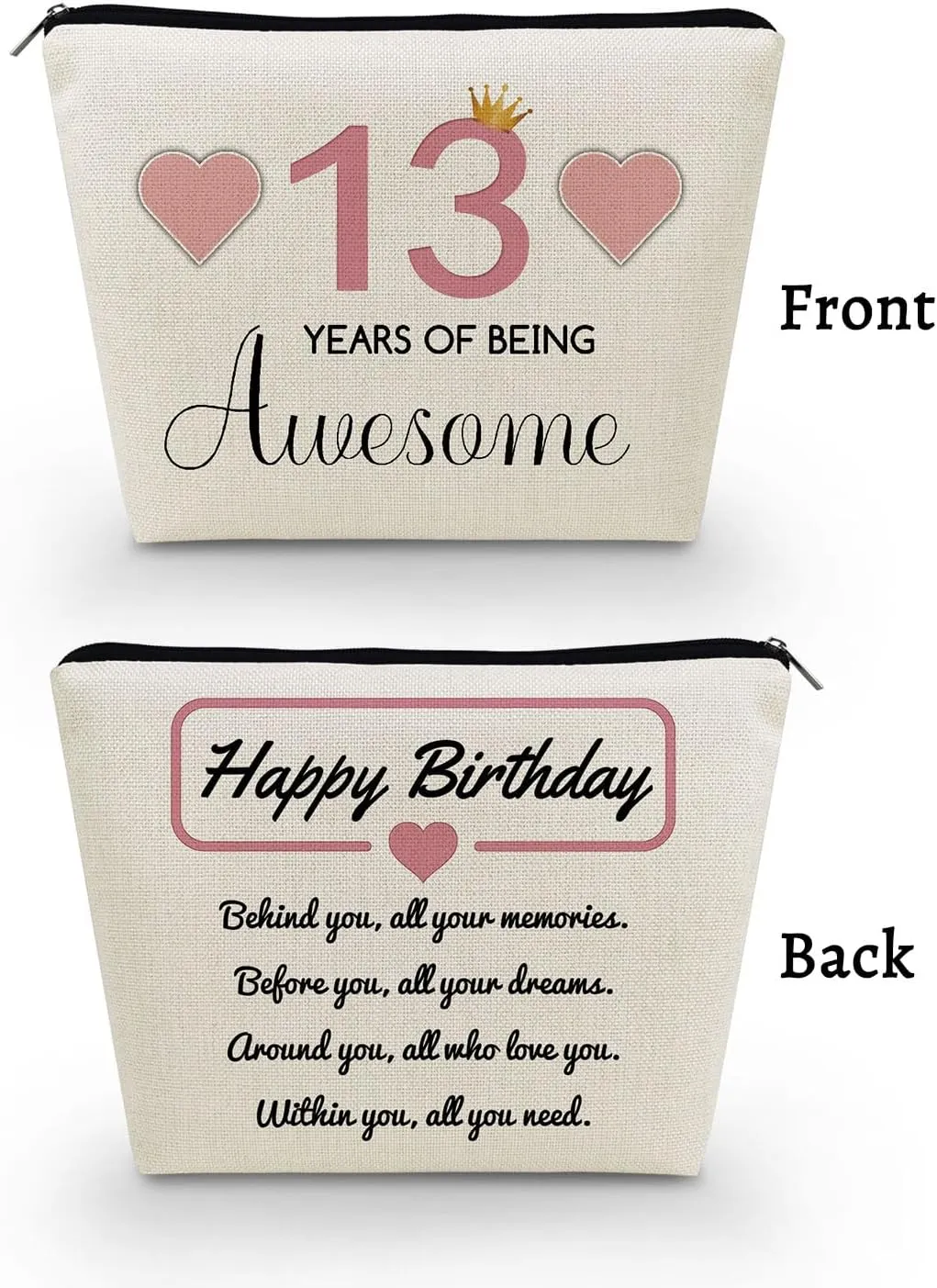 13th Birthday Gift Makeup Bag Cute Small Cosmetic Bag Travel Toiletry Zipper Pouch Happy Birthday Gift Pink 13 Awesome Makeup Bag for 13-Year-Old Friends Sisters BFF