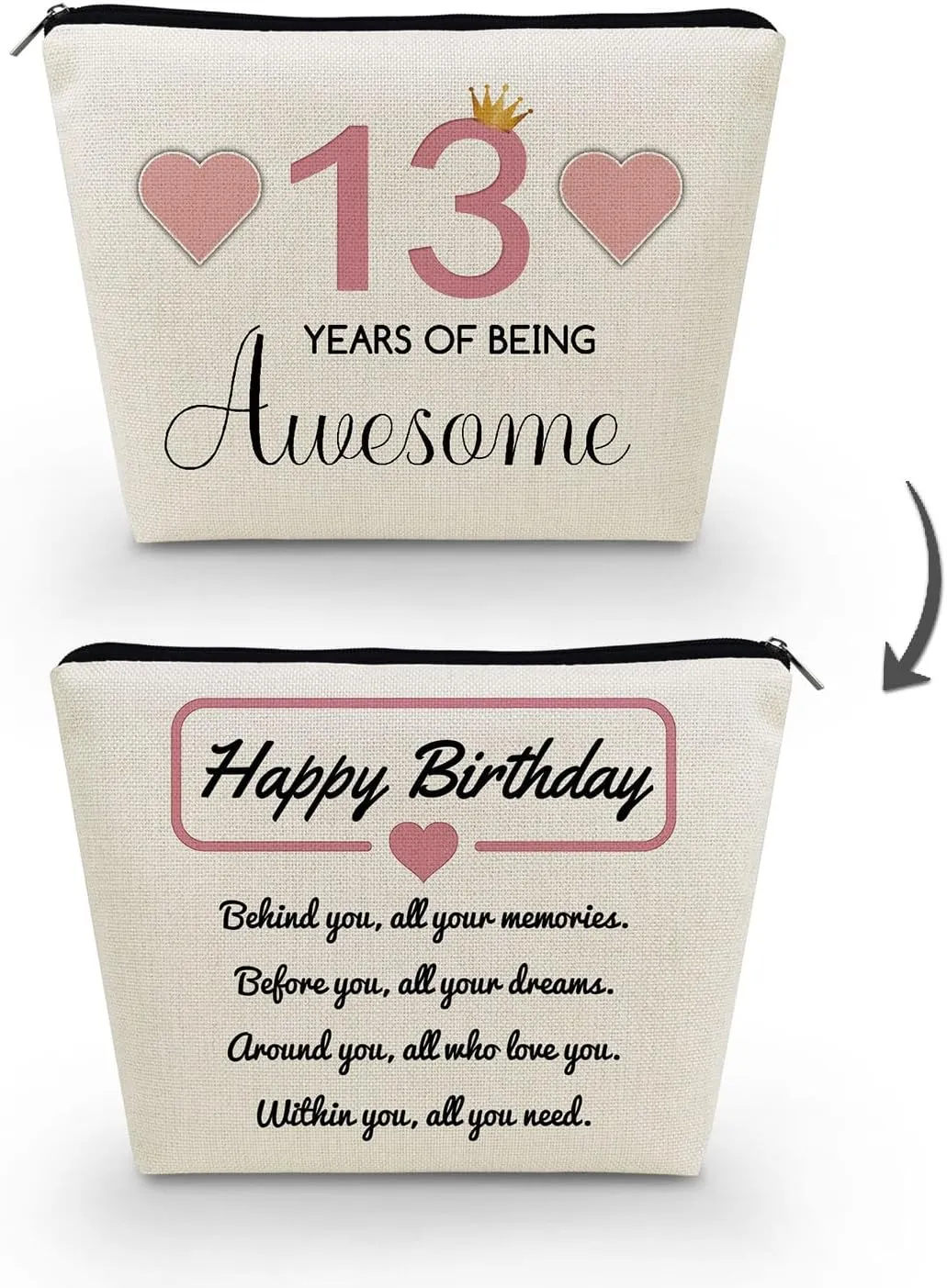 13th Birthday Gift Makeup Bag Cute Small Cosmetic Bag Travel Toiletry Zipper Pouch Happy Birthday Gift Pink 13 Awesome Makeup Bag for 13-Year-Old Friends Sisters BFF
