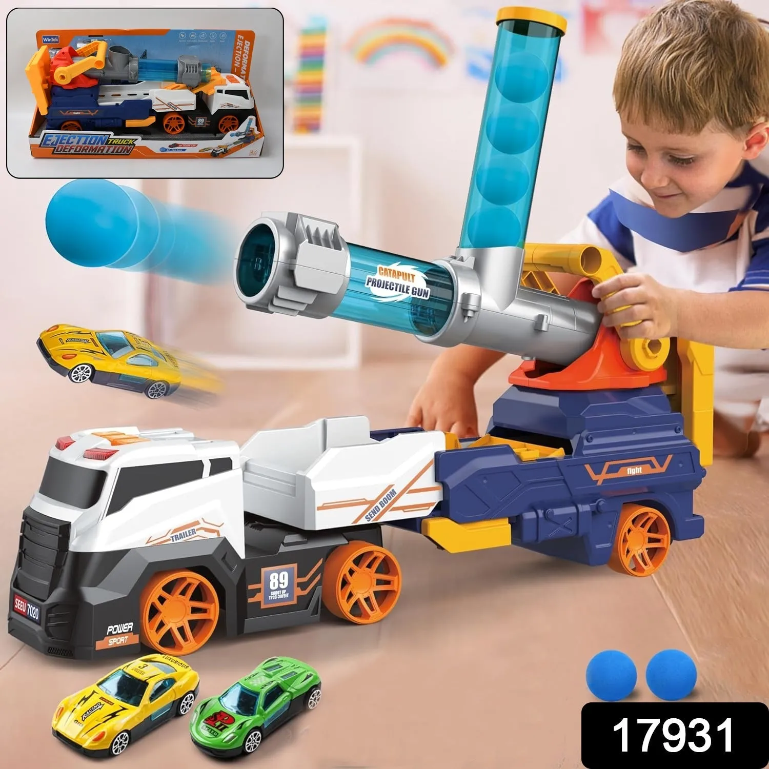 17931 Truck Toys for Kids, Large Truck Toys Include 2 Racing Cars 4 Ball, with Light & Sounds, Eejection & Shooting Transport Cars Toy, Gifts for Boys Girls (Battery Not Included)