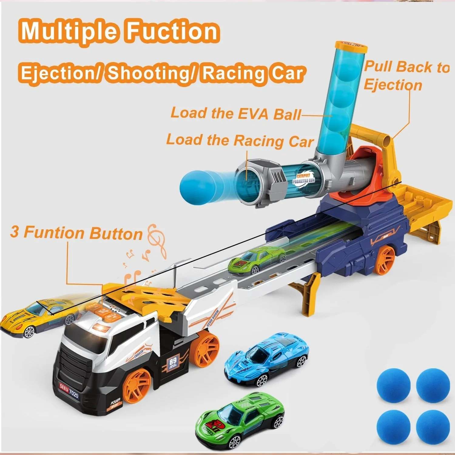 17931 Truck Toys for Kids, Large Truck Toys Include 2 Racing Cars 4 Ball, with Light & Sounds, Eejection & Shooting Transport Cars Toy, Gifts for Boys Girls (Battery Not Included)