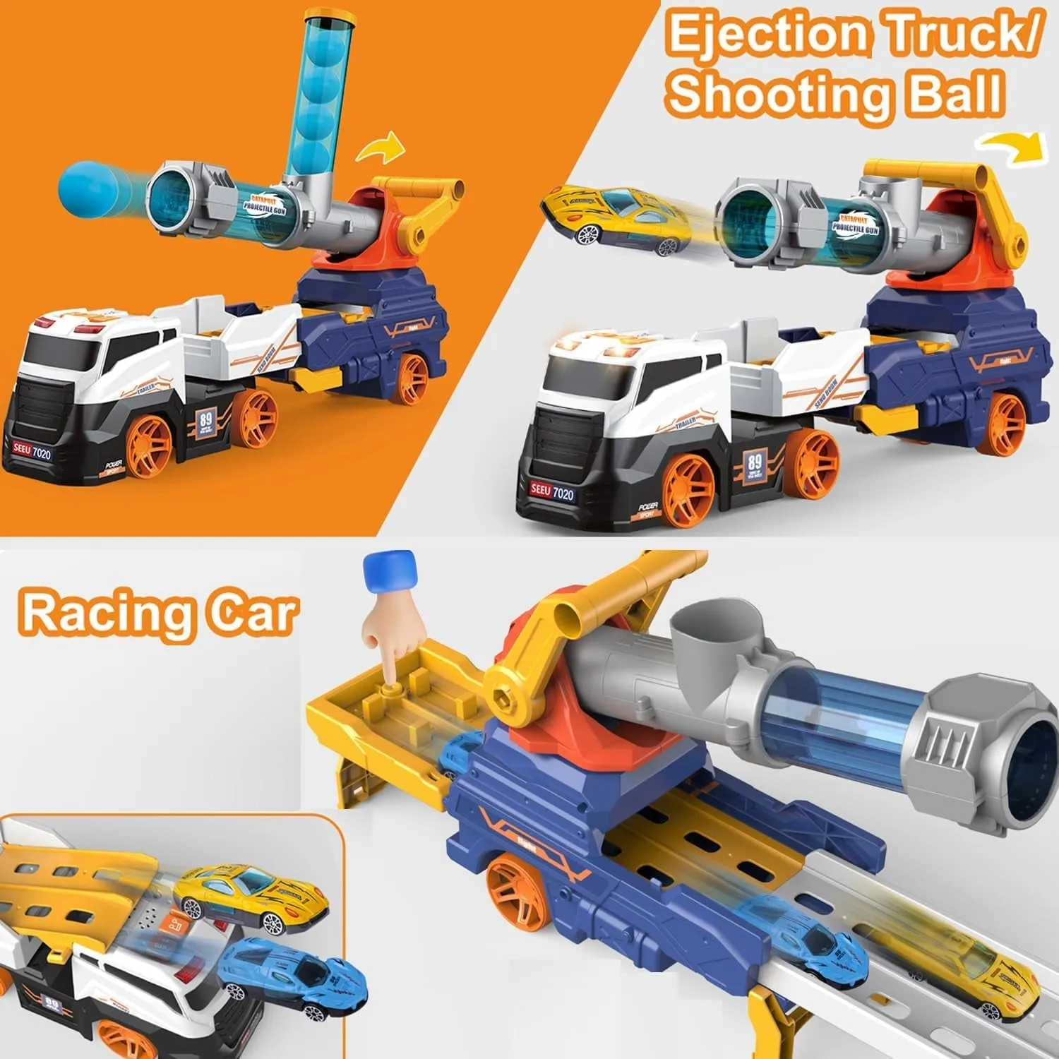 17931 Truck Toys for Kids, Large Truck Toys Include 2 Racing Cars 4 Ball, with Light & Sounds, Eejection & Shooting Transport Cars Toy, Gifts for Boys Girls (Battery Not Included)