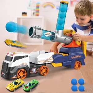 17931 Truck Toys for Kids, Large Truck Toys Include 2 Racing Cars 4 Ball, with Light & Sounds, Eejection & Shooting Transport Cars Toy, Gifts for Boys Girls (Battery Not Included)