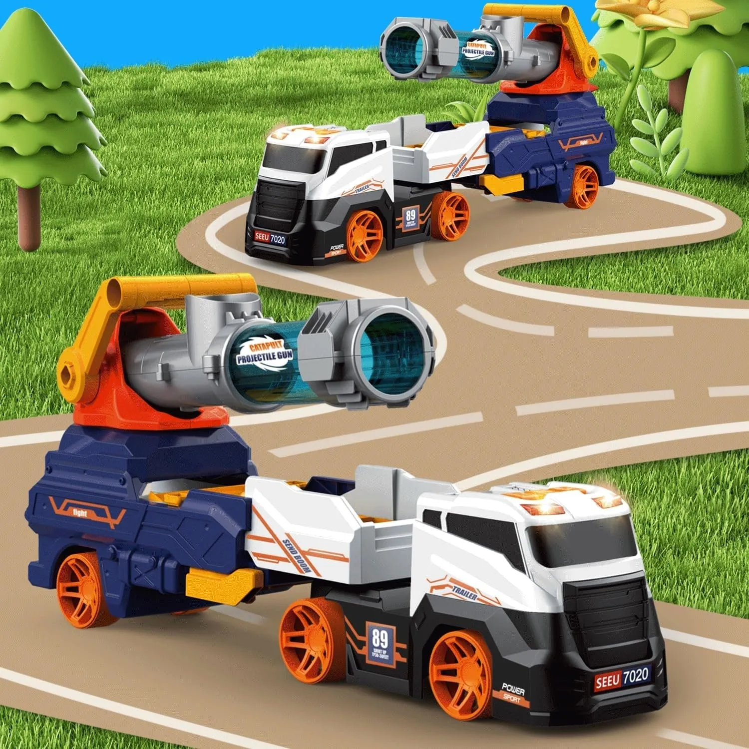 17931 Truck Toys for Kids, Large Truck Toys Include 2 Racing Cars 4 Ball, with Light & Sounds, Eejection & Shooting Transport Cars Toy, Gifts for Boys Girls (Battery Not Included)