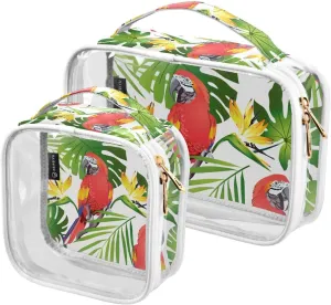 2 Pack Portable Travel Clear Cosmetic Toiletry Bags with Double Zippers for Men Women, Birds-colorful-parrots Waterproof Storage Carry Pouch with Handle, Tote Bags for Bathroom Traveling Vacation Org