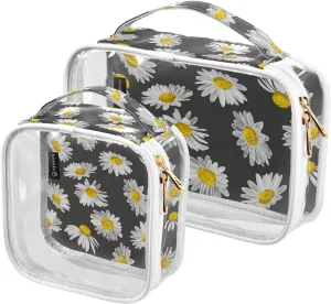 2 Pack Portable Travel Clear Cosmetic Toiletry Bags with Double Zippers for Men Women, Daisies-watercolor Style1 Waterproof Storage Carry Pouch with Handle, Tote Bags for Bathroom Traveling Vacation