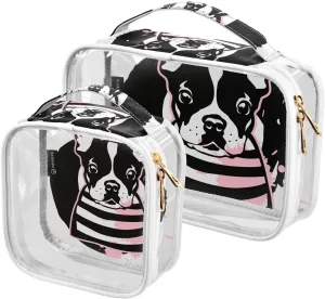 2 Pack Portable Travel Clear Cosmetic Toiletry Bags with Double Zippers for Men Women, French-bulldog-cute-black Waterproof Storage Carry Pouch with Handle, Tote Bags for Bathroom Traveling Vacation