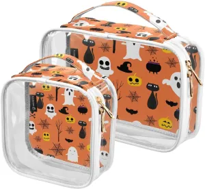 2 Pack Portable Travel Clear Cosmetic Toiletry Bags with Double Zippers for Men Women, Orange-halloween-pattern Waterproof Storage Carry Pouch with Handle, Tote Bags for Bathroom Traveling Vacation O