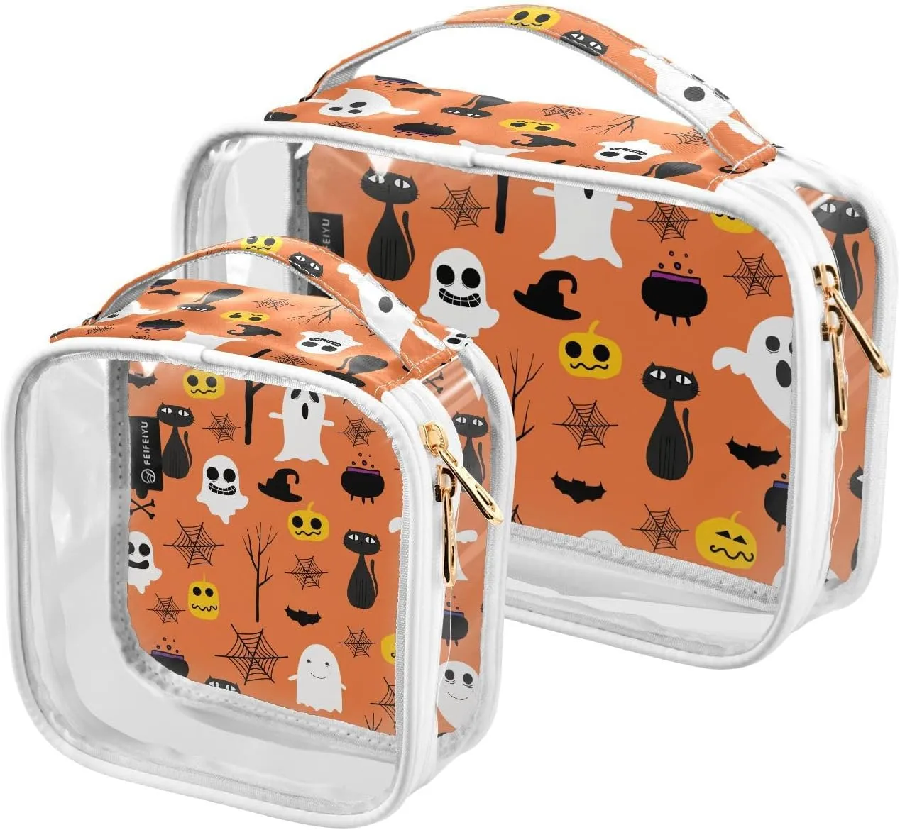 2 Pack Portable Travel Clear Cosmetic Toiletry Bags with Double Zippers for Men Women, Orange-halloween-pattern Waterproof Storage Carry Pouch with Handle, Tote Bags for Bathroom Traveling Vacation O