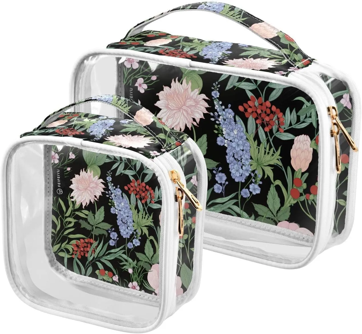 2 Pack Portable Travel Clear Cosmetic Toiletry Bags with Double Zippers for Men Women, Wildflowers-black-print Waterproof Storage Carry Pouch with Handle, Tote Bags for Bathroom Traveling Vacation Or