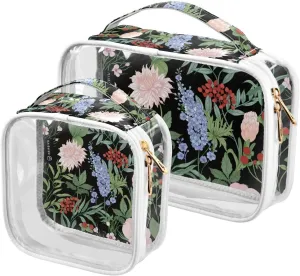 2 Pack Portable Travel Clear Cosmetic Toiletry Bags with Double Zippers for Men Women, Wildflowers-black-print Waterproof Storage Carry Pouch with Handle, Tote Bags for Bathroom Traveling Vacation Or