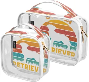 2 Pack Portable Travel Clear Cosmetic Toiletry Bags with Double Zippers for Men Women,Golden-retriever-dog-print Wildflower 2 Waterproof Storage Carry Pouch with Handle, Tote Bags for Bathroom Travel