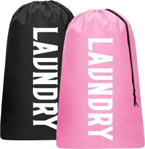2 Pack XL Travel Laundry Bag, Machine Washable Dirty Clothes Organizer, Large Enough to Hold 4 Loads of Laundry, Easy Fit a Laundry Hamper (Black   Pink)