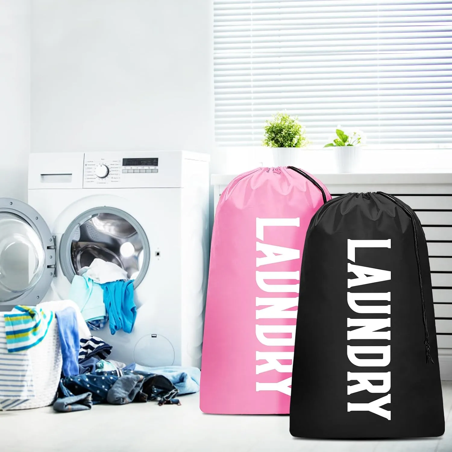 2 Pack XL Travel Laundry Bag, Machine Washable Dirty Clothes Organizer, Large Enough to Hold 4 Loads of Laundry, Easy Fit a Laundry Hamper (Black   Pink)