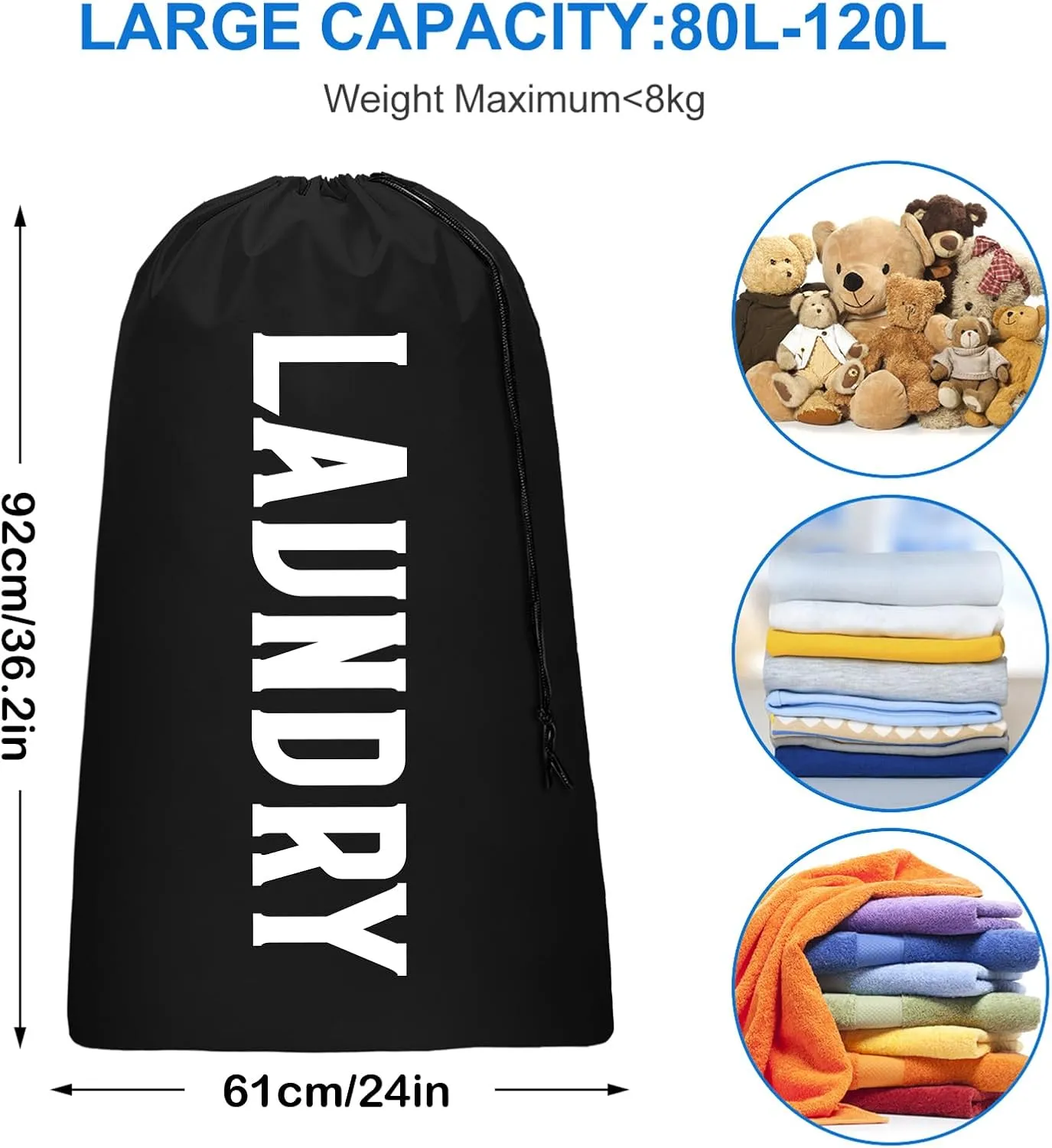 2 Pack XL Travel Laundry Bag, Machine Washable Dirty Clothes Organizer, Large Enough to Hold 4 Loads of Laundry, Easy Fit a Laundry Hamper or Basket (Blue   Black, 24" x 36")
