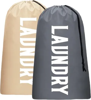 2 Pack XL Travel Laundry Bag, Machine Washable Dirty Clothes Organizer, Large Enough to Hold 4 Loads of Laundry, Easy Fit a Laundry Hamper or Basket (Khaki   Grey)