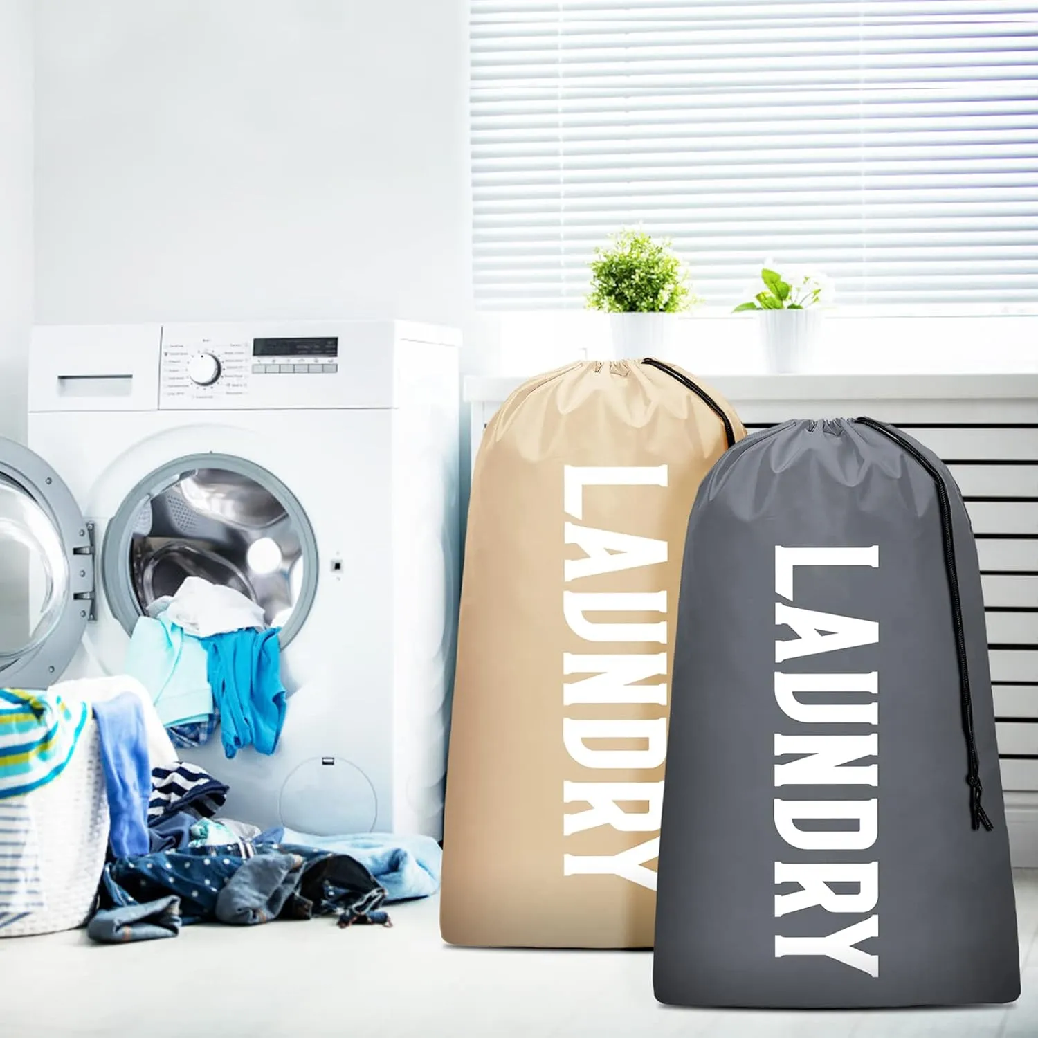 2 Pack XL Travel Laundry Bag, Machine Washable Dirty Clothes Organizer, Large Enough to Hold 4 Loads of Laundry, Easy Fit a Laundry Hamper or Basket (Khaki   Grey)