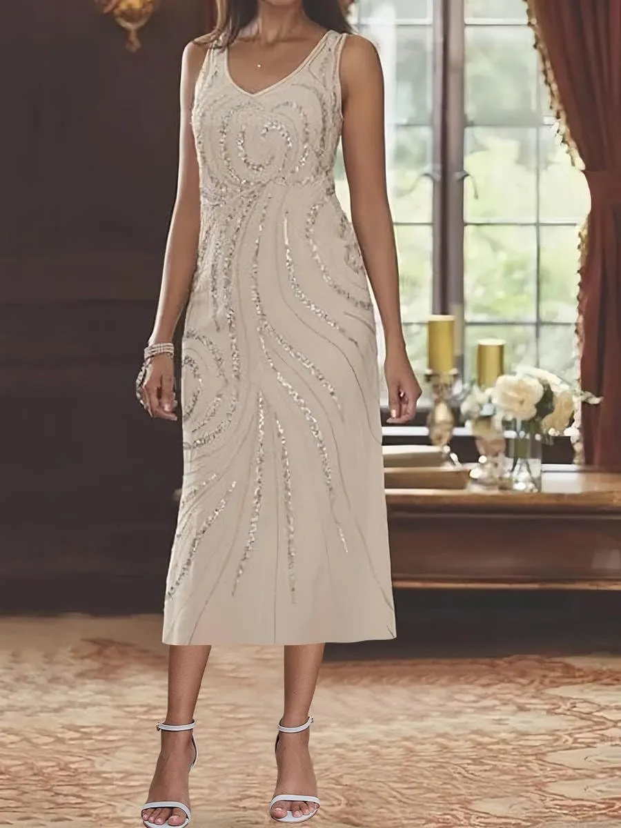2 Pieces Mother of The Bride Dresses for Wedding Tea Length Long Sleeve Mother Groom Dress with Jacket