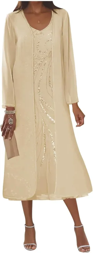 2 Pieces Mother of The Bride Dresses for Wedding Tea Length Long Sleeve Mother Groom Dress with Jacket