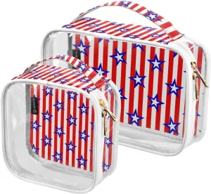 2 Pieces Portable Clear Large Makeup Bag, PVC Waterproof Travel Organizer for Men Women, Blue-white-stars-red-striped Toiletry Bags with Gold Zippers.