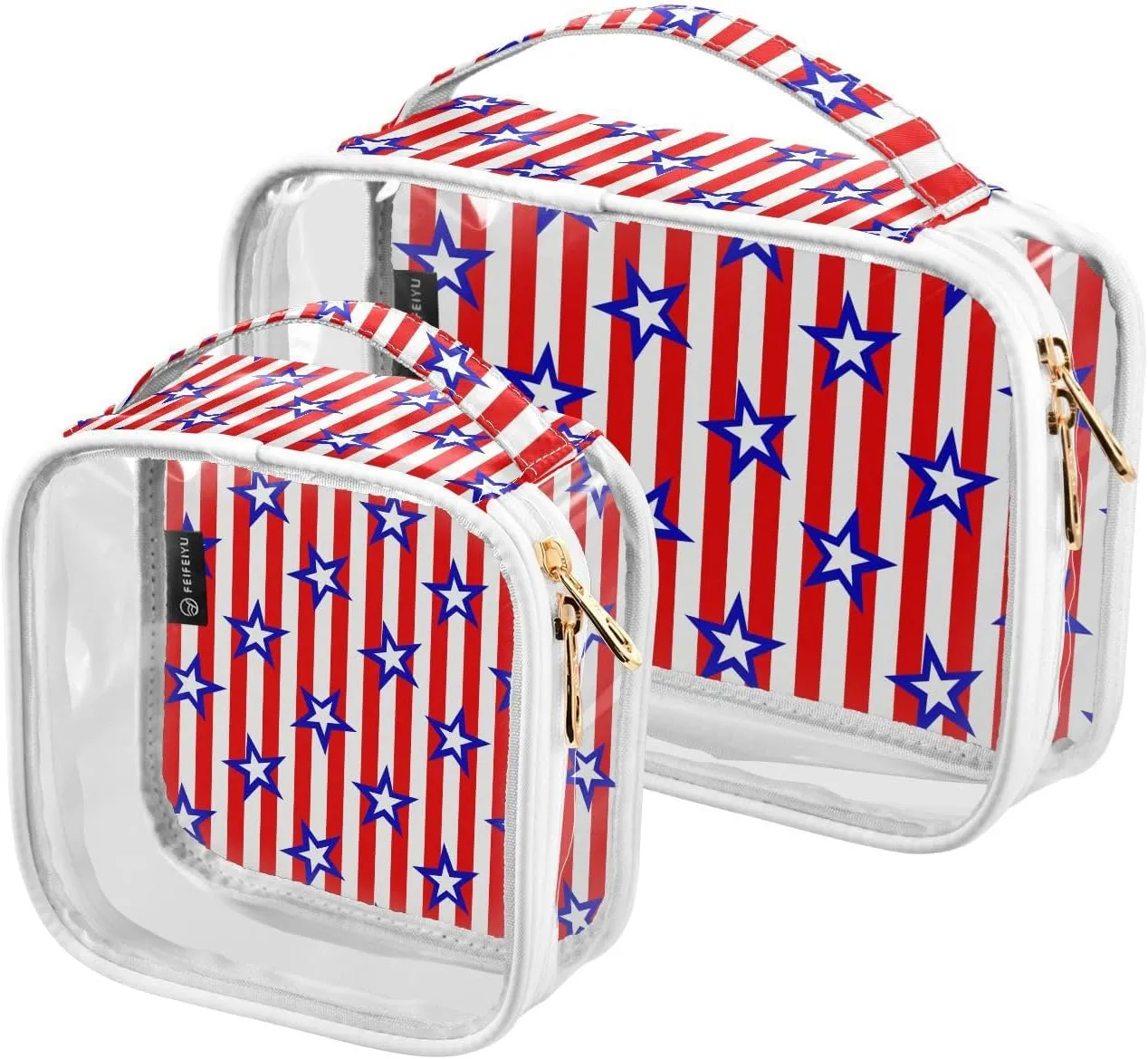 2 Pieces Portable Clear Large Makeup Bag, PVC Waterproof Travel Organizer for Men Women, Blue-white-stars-red-striped Toiletry Bags with Gold Zippers.