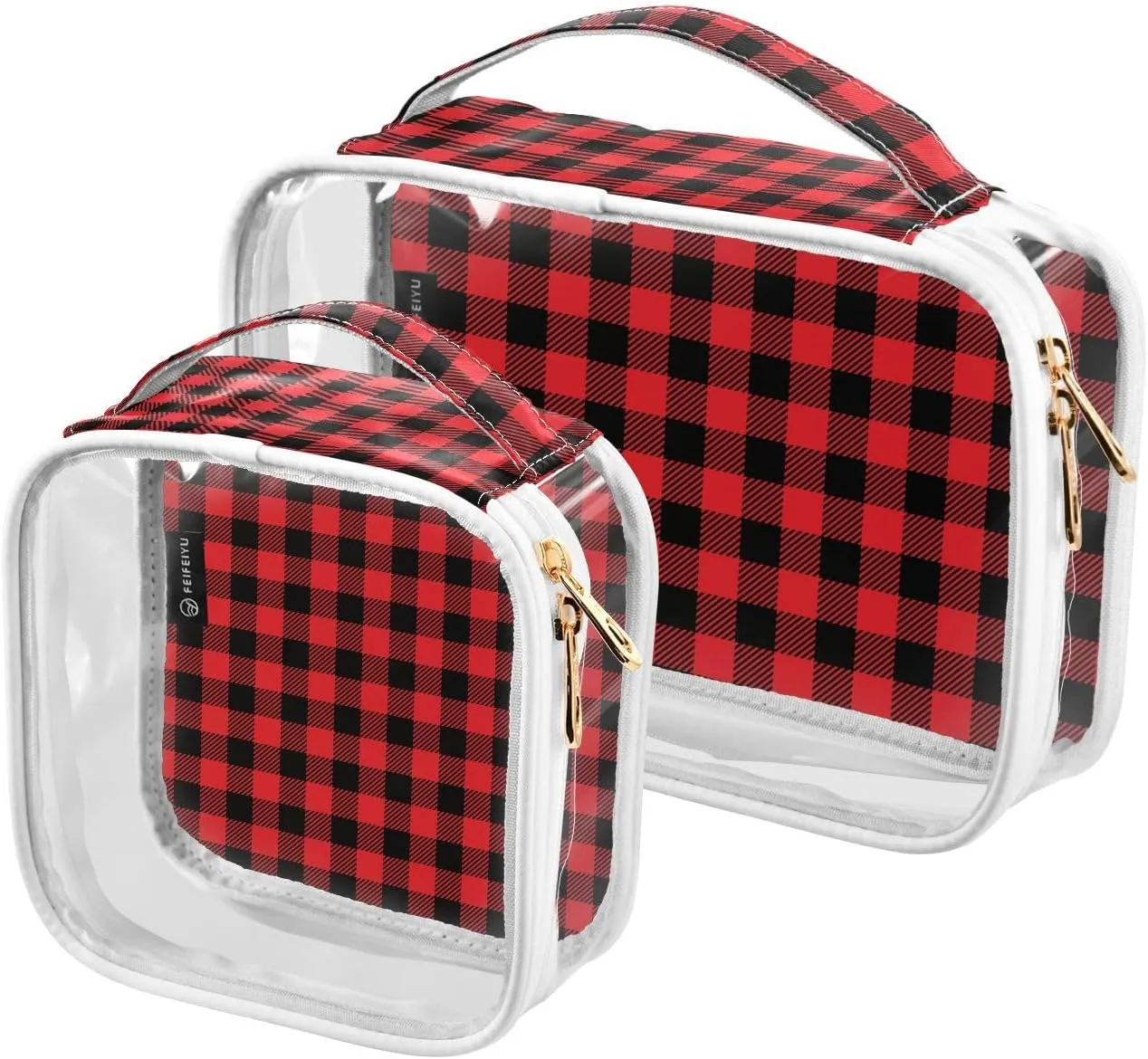 2 Pieces Portable Clear Large Makeup Bag, PVC Waterproof Travel Organizer for Men Women, Gingham-plaid-pattern Toiletry Bags with Gold Zippers.