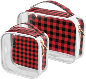 2 Pieces Portable Clear Large Makeup Bag, PVC Waterproof Travel Organizer for Men Women, Gingham-plaid-pattern Toiletry Bags with Gold Zippers.