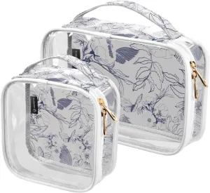 2 Pieces Portable Clear Large Makeup Bag, PVC Waterproof Travel Organizer for Men Women, Rose-butterflies-print Toiletry Bags with Gold Zippers.