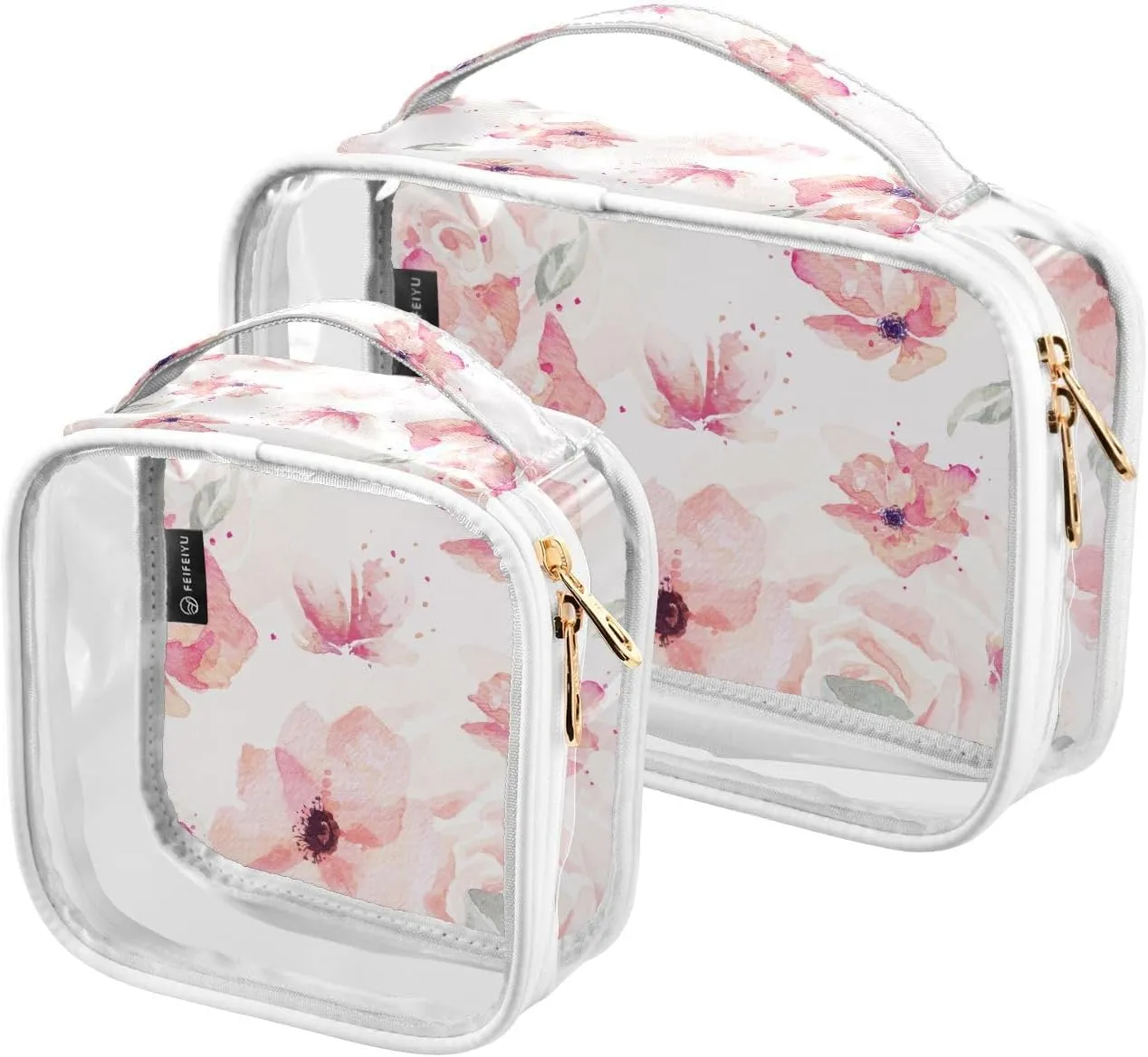 2 Pieces Portable Clear Large Makeup Bag, PVC Waterproof Travel Organizer for Men Women, Rose-orange-flowers-print Toiletry Bags with Gold Zippers.