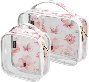 2 Pieces Portable Clear Large Makeup Bag, PVC Waterproof Travel Organizer for Men Women, Rose-orange-flowers-print Toiletry Bags with Gold Zippers.