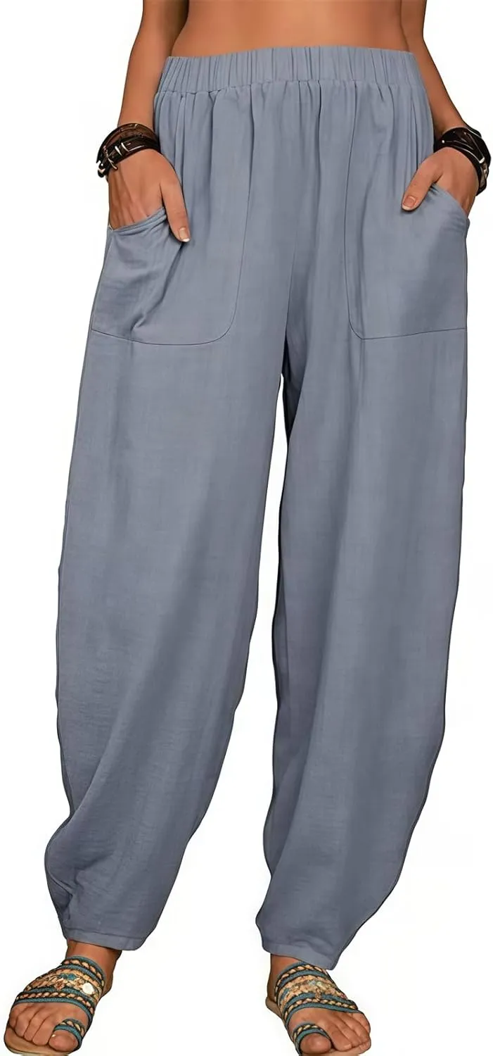 2025 Women Loose Solid Color Casual Wide Leg Pants Cotton Linen Trousers, Loose Cotton Linen Casual Harem Pants
