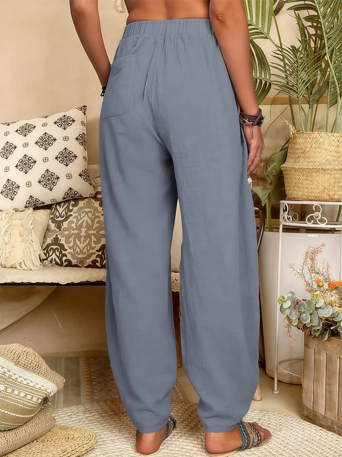2025 Women Loose Solid Color Casual Wide Leg Pants Cotton Linen Trousers, Loose Cotton Linen Casual Harem Pants