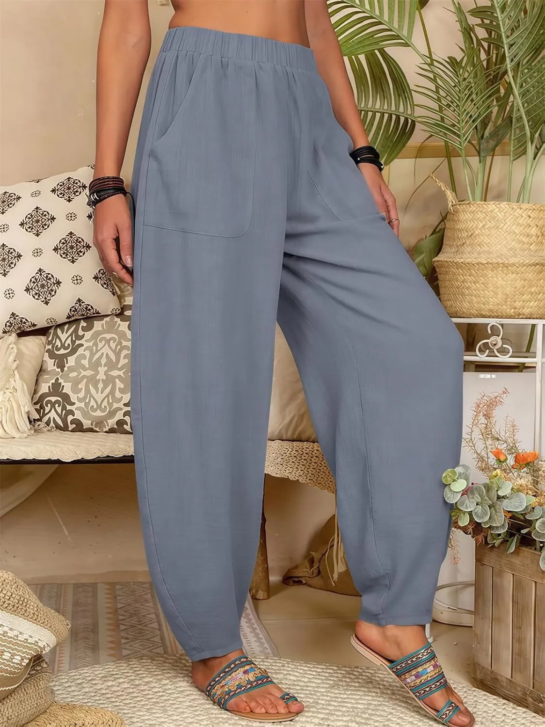 2025 Women Loose Solid Color Casual Wide Leg Pants Cotton Linen Trousers, Loose Cotton Linen Casual Harem Pants