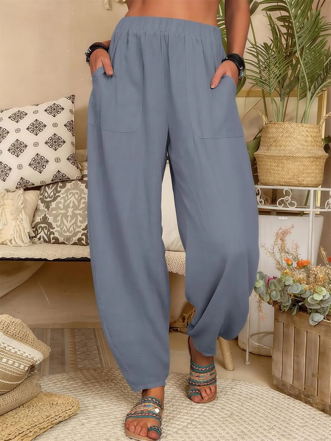 2025 Women Loose Solid Color Casual Wide Leg Pants Cotton Linen Trousers, Loose Cotton Linen Casual Harem Pants