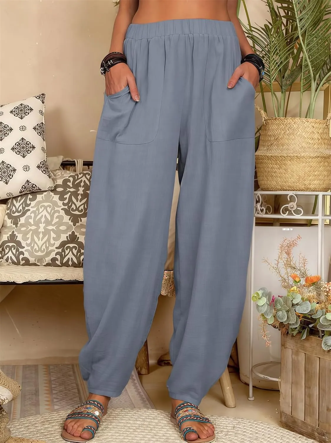 2025 Women Loose Solid Color Casual Wide Leg Pants Cotton Linen Trousers, Loose Cotton Linen Casual Harem Pants
