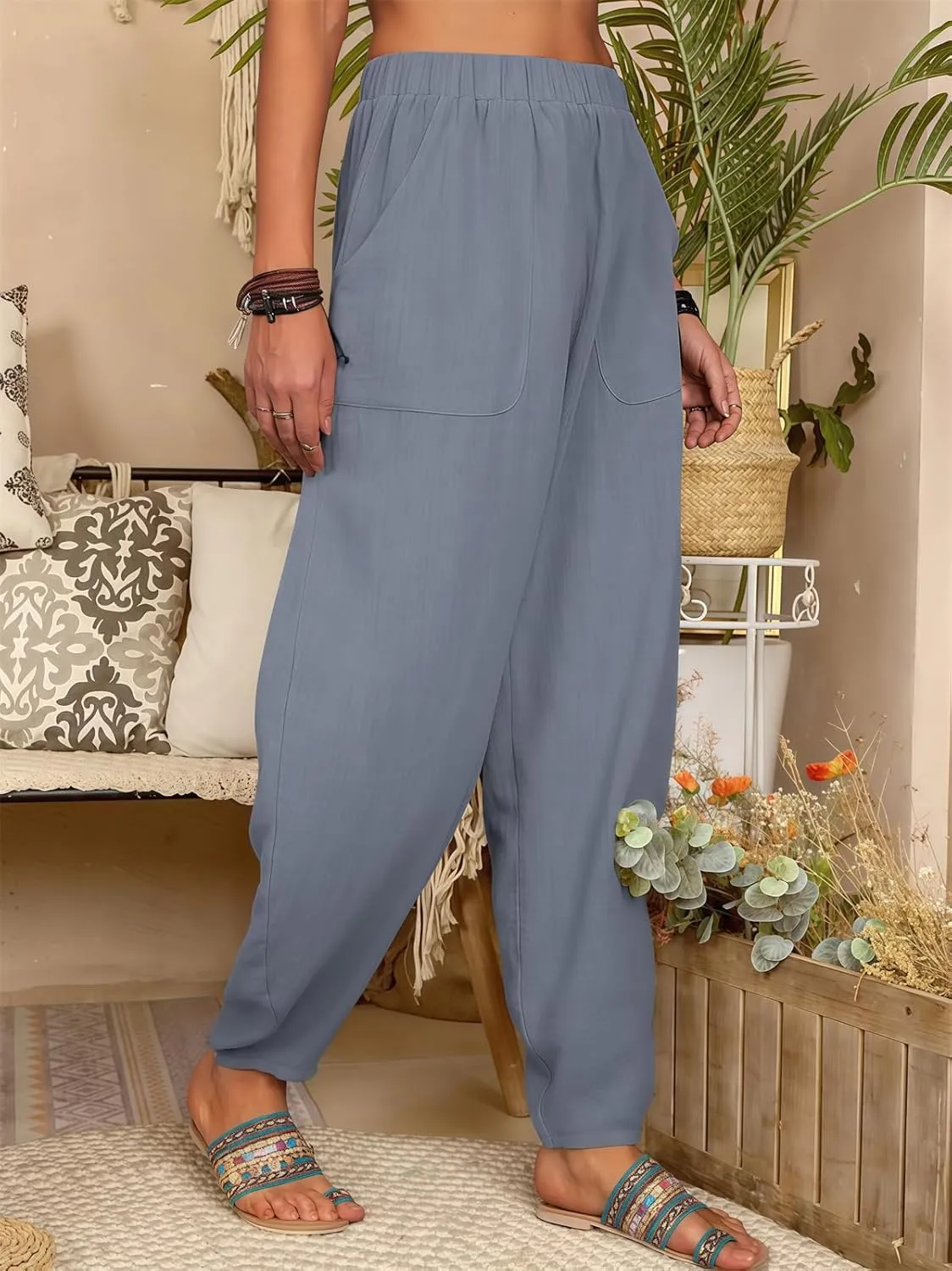 2025 Women Loose Solid Color Casual Wide Leg Pants Cotton Linen Trousers, Loose Cotton Linen Casual Harem Pants