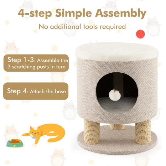 3-in-1 Cat Condo Stool Kitty Bed with Scratching Posts and Plush Ball Toy-Beige