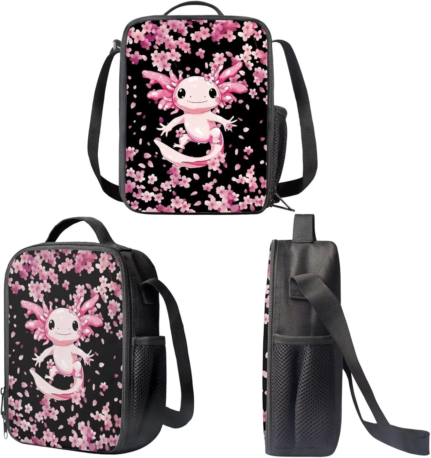 3 Piece Backpack Set for Girls Axolotl Cherry Blossom Print Bookbag for Girls with Lunch Box and Cute Pencil Cases Insulated Lunch Bag for Kids