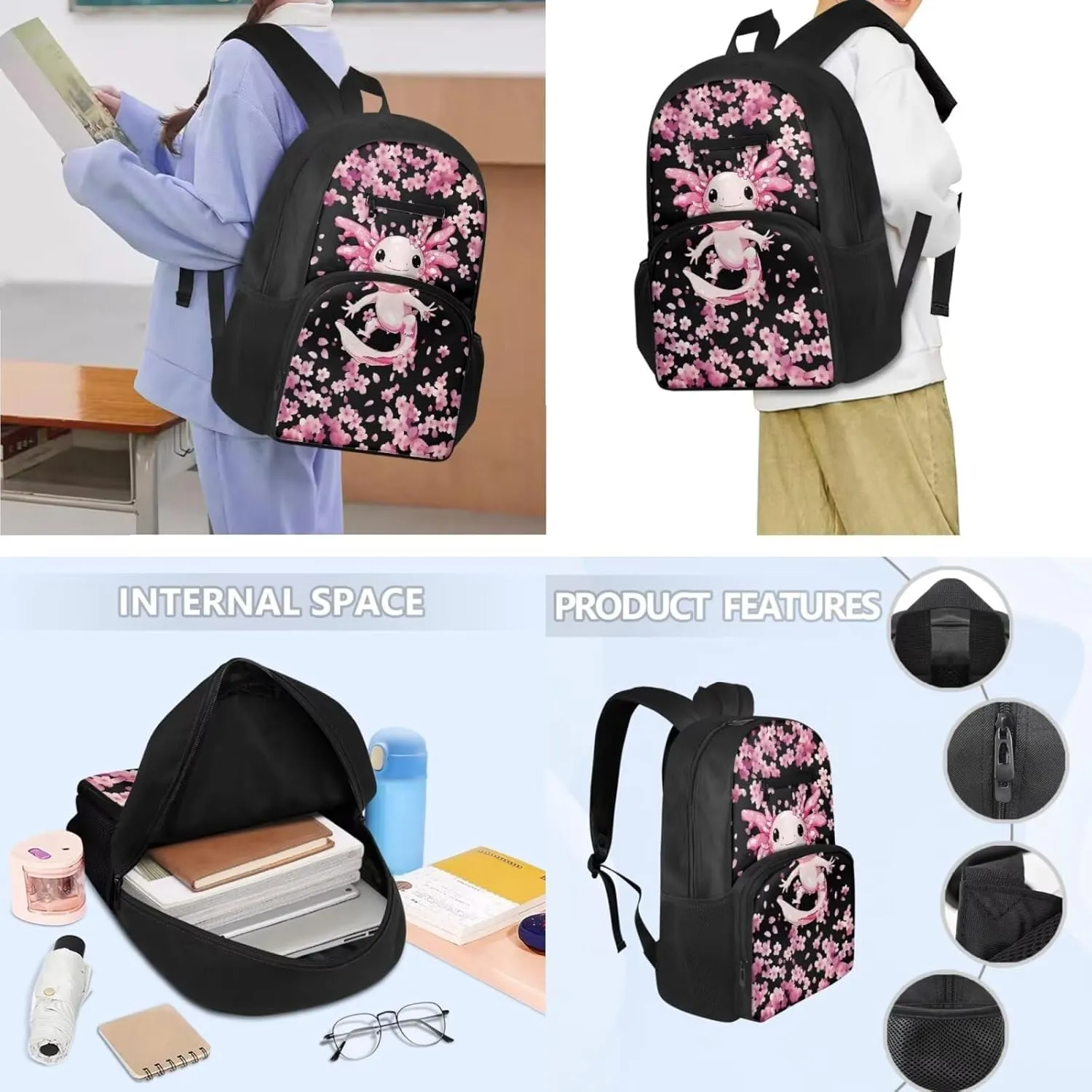 3 Piece Backpack Set for Girls Axolotl Cherry Blossom Print Bookbag for Girls with Lunch Box and Cute Pencil Cases Insulated Lunch Bag for Kids
