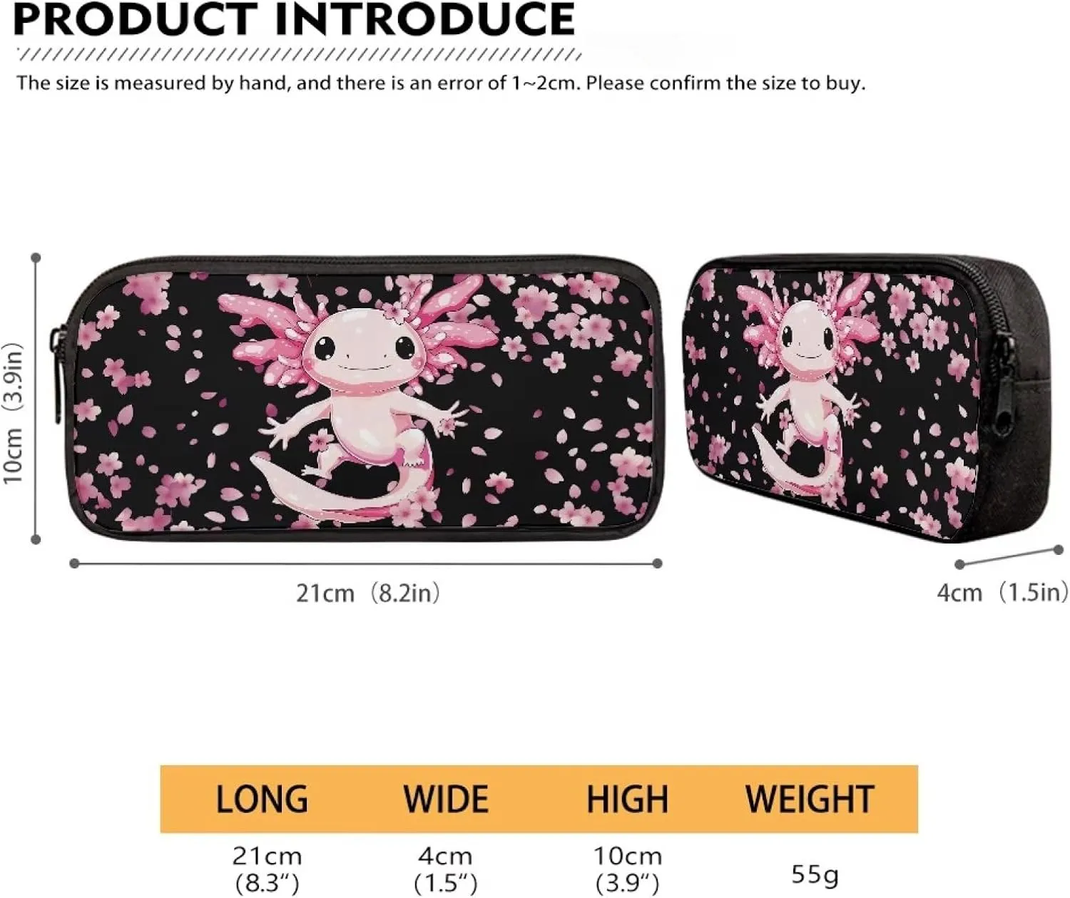 3 Piece Backpack Set for Girls Axolotl Cherry Blossom Print Bookbag for Girls with Lunch Box and Cute Pencil Cases Insulated Lunch Bag for Kids