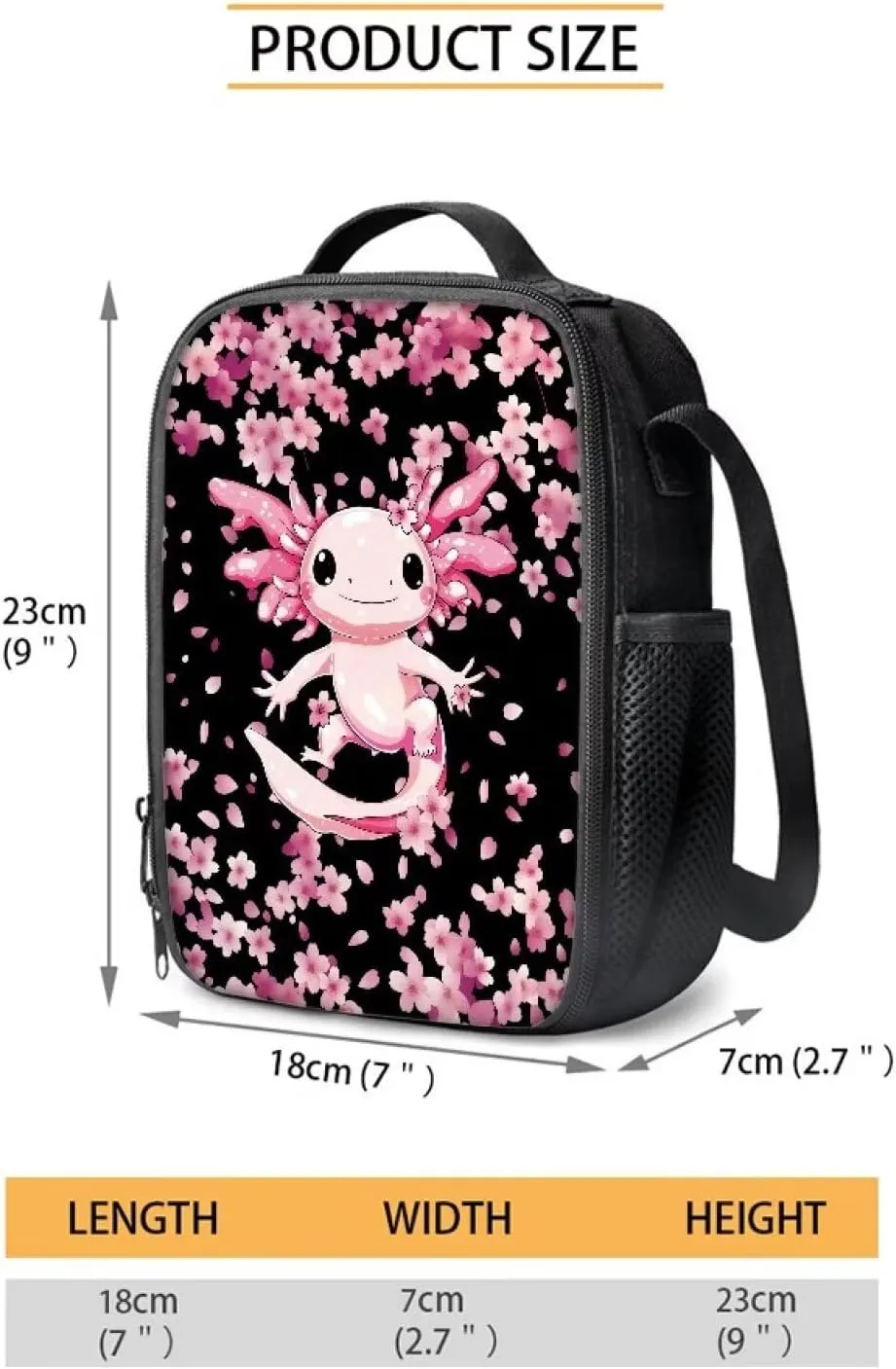 3 Piece Backpack Set for Girls Axolotl Cherry Blossom Print Bookbag for Girls with Lunch Box and Cute Pencil Cases Insulated Lunch Bag for Kids