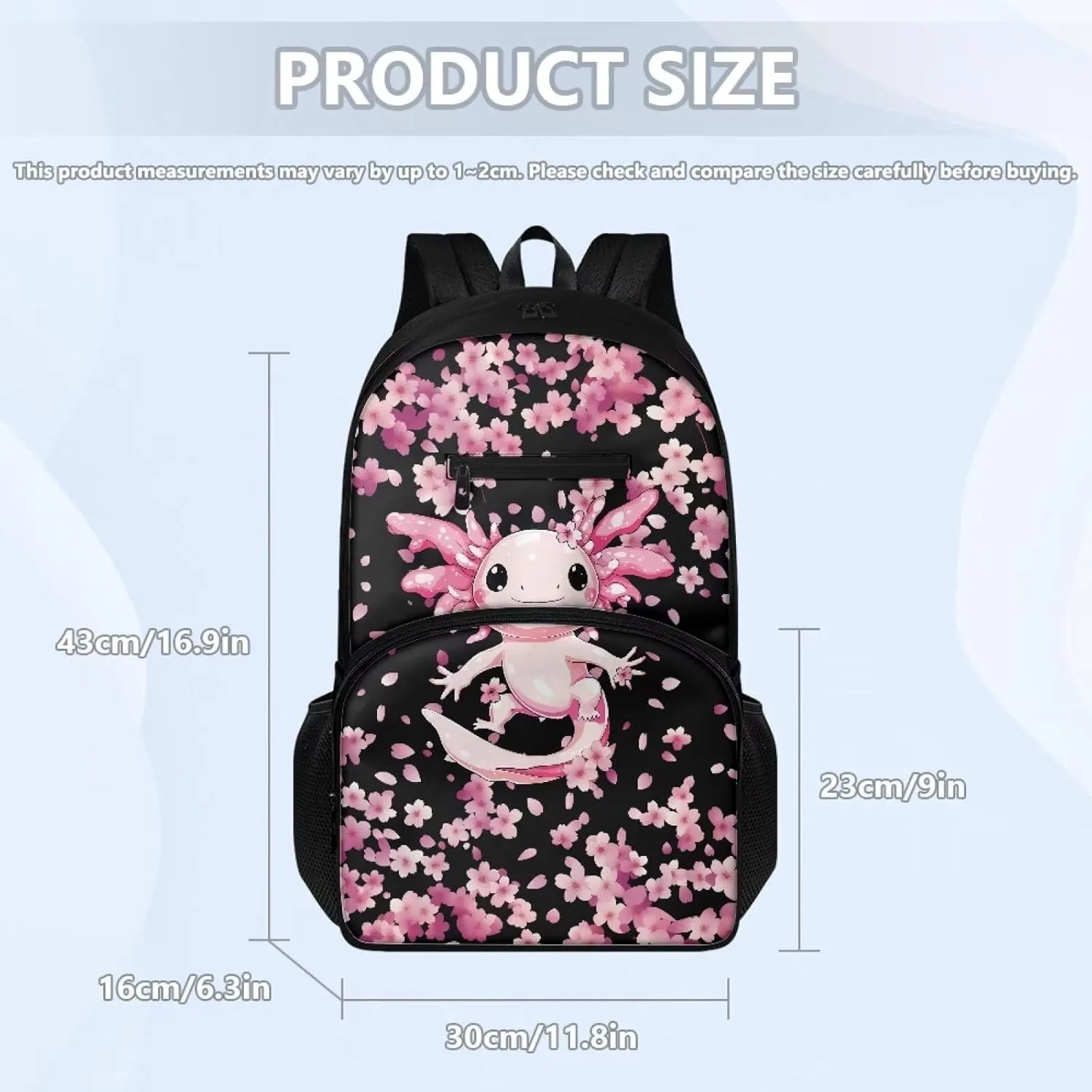 3 Piece Backpack Set for Girls Axolotl Cherry Blossom Print Bookbag for Girls with Lunch Box and Cute Pencil Cases Insulated Lunch Bag for Kids