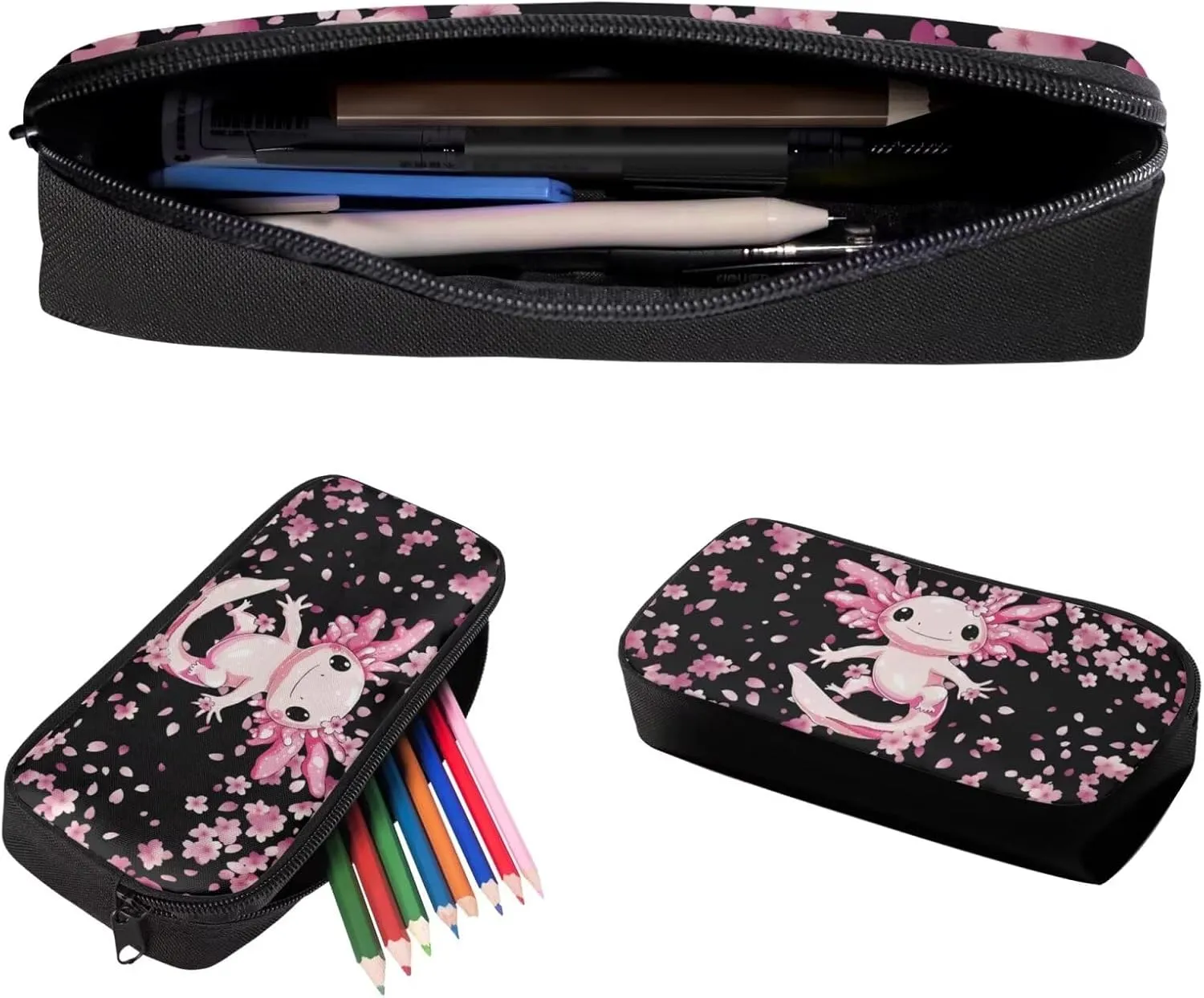 3 Piece Backpack Set for Girls Axolotl Cherry Blossom Print Bookbag for Girls with Lunch Box and Cute Pencil Cases Insulated Lunch Bag for Kids