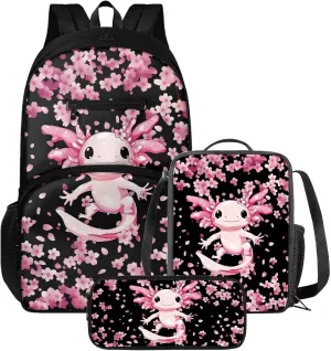 3 Piece Backpack Set for Girls Axolotl Cherry Blossom Print Bookbag for Girls with Lunch Box and Cute Pencil Cases Insulated Lunch Bag for Kids