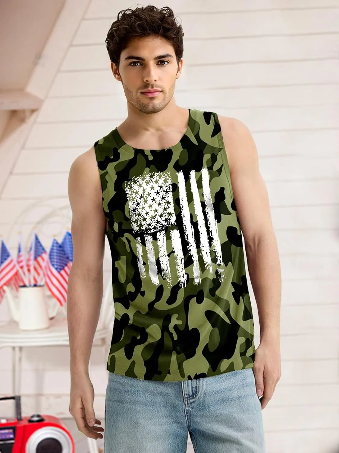 4th of July Tank Top Men American Flag Patriotic Sleeveless Shirts USA Stars and Stripes Independence Day Muscle Tanks