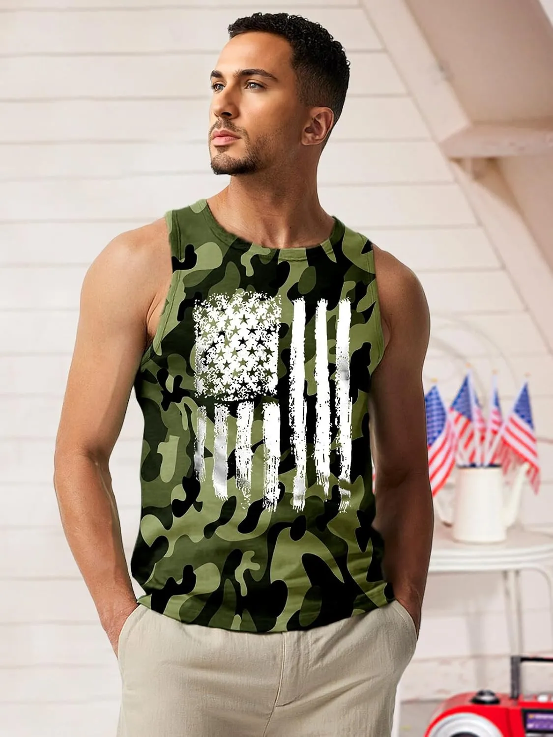 4th of July Tank Top Men American Flag Patriotic Sleeveless Shirts USA Stars and Stripes Independence Day Muscle Tanks