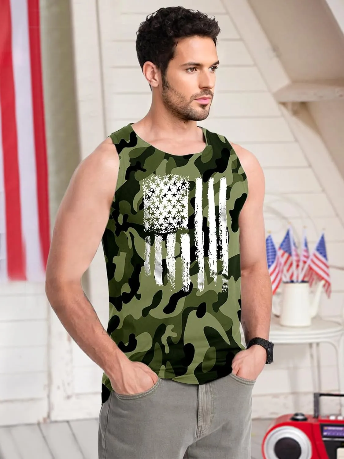 4th of July Tank Top Men American Flag Patriotic Sleeveless Shirts USA Stars and Stripes Independence Day Muscle Tanks