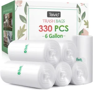 6 Gallon 330 Counts Strong Trash Bags Garbage Bags by Teivio, Bathroom Trash Can Bin Liners, Plastic Bags for home office kitchen, Clear