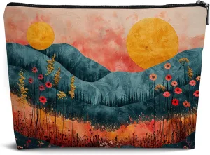 Abstract Aesthetic Plants Landscape Makeup Bag Cosmetic Bag,Vintage Flower Waves Leather Small Zipper Pouch for Purse,Cosmetic Bag Zipper Pouch for Women Teens Girl,Small Makeup Bag